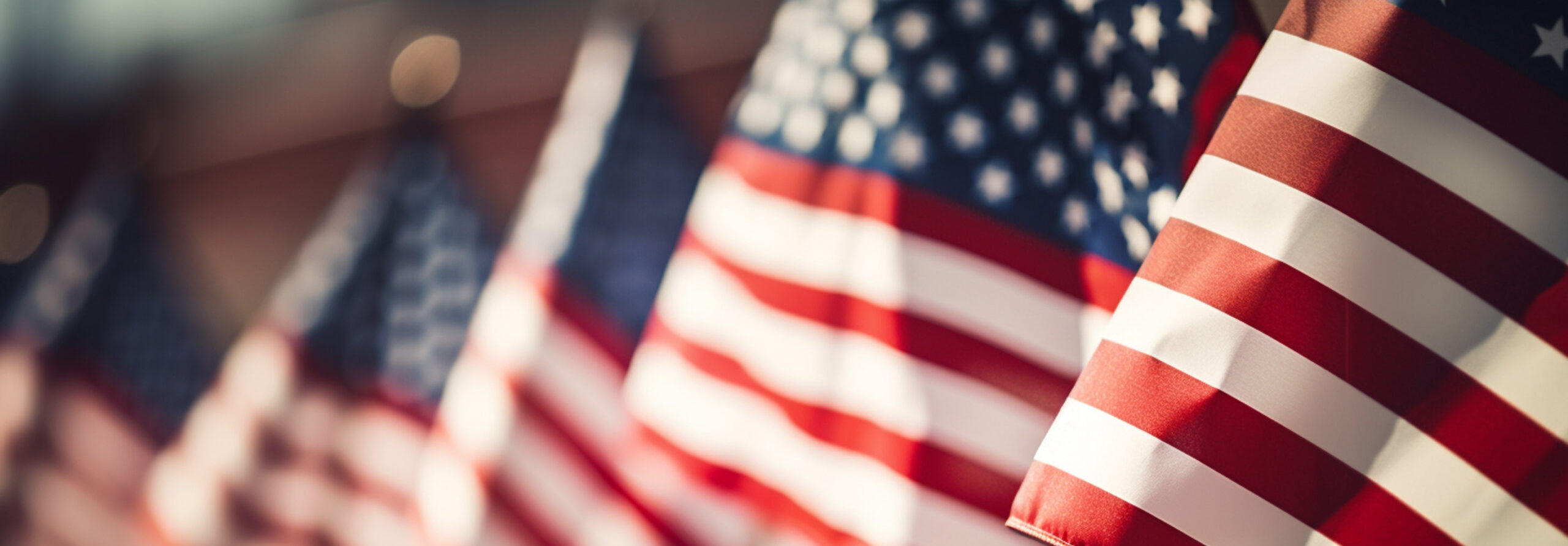 American flags in a row banner. Veterans Day. Memorial Day. Independence Day. Patriot Day